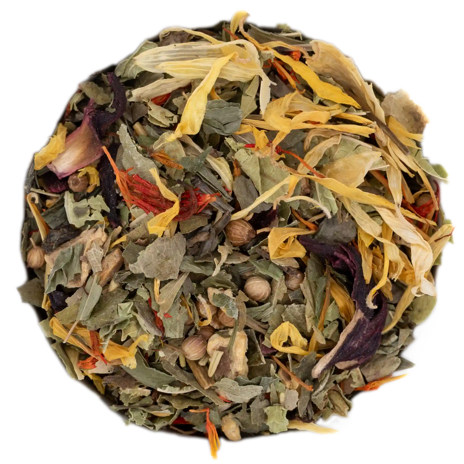 Nahaufnahme der belebend-aromatischen ABC Tee Teemischung (grüne Blätter, Koriander, Hibiskus und Ringelblume). Die Kräuterdrogerie, Wien.