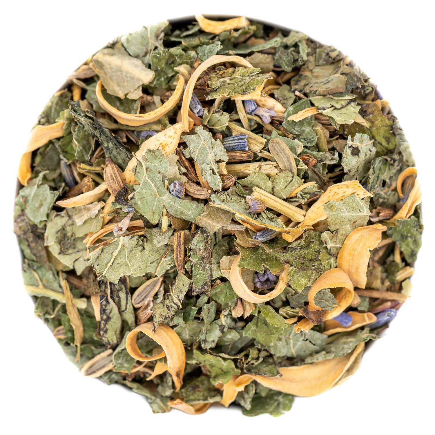 Nahaufnahme der beruhigend-entspannenden Abendtee N°2 Teemischung (grüne Blätter, Lavendel und Orangenblüten). Die Kräuterdrogerie, Wien.