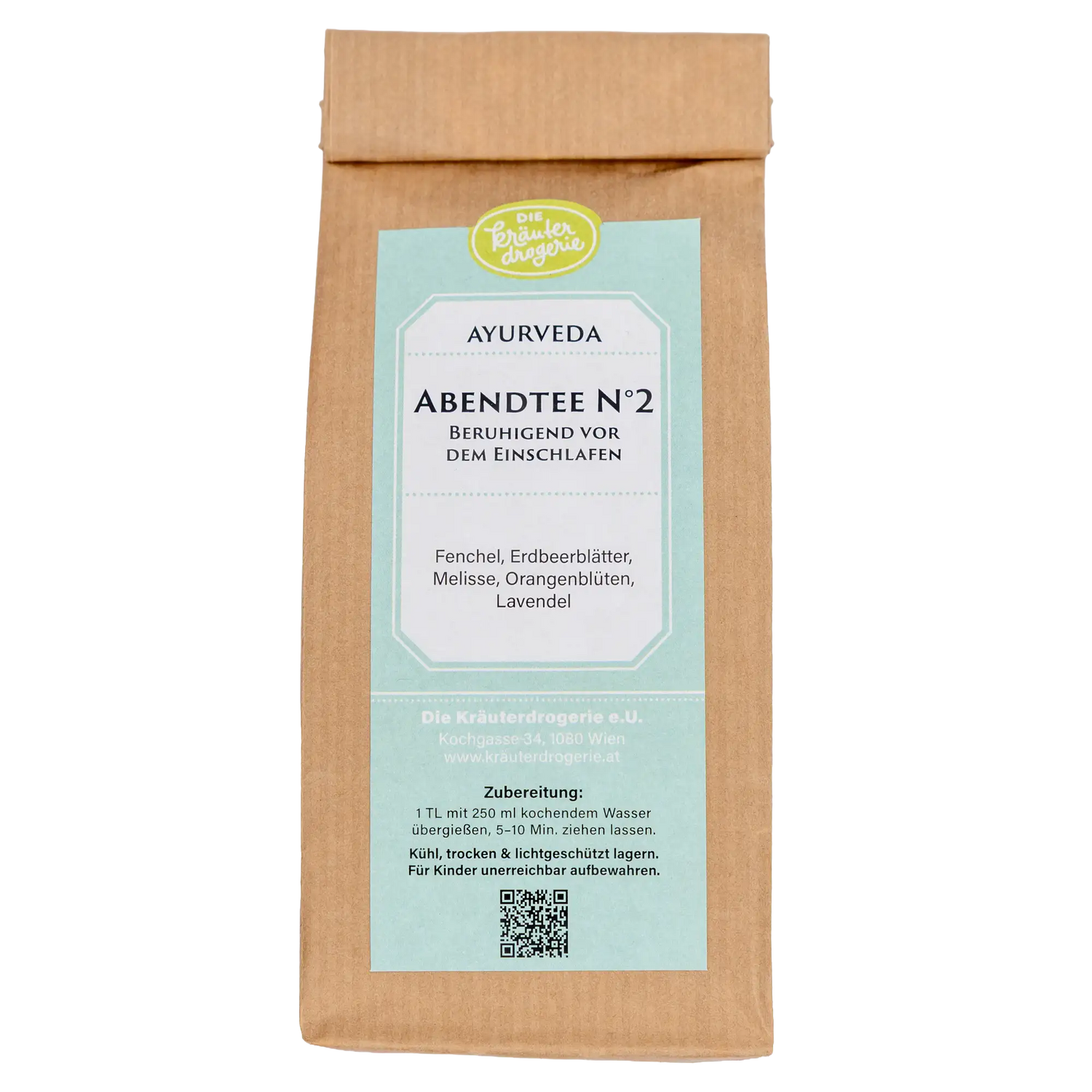 Produktfoto der braunen Papiertüte für den Ayurveda Abendtee N°2 (Beruhigend vor dem Einschlafen) mit Zutatenliste. Die Kräuterdrogerie, Wien.