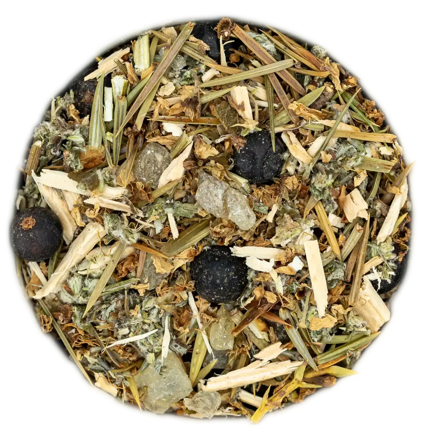 Traditionelle Räuchermischung 'Ahnen' mit Wacholderbeeren, Kräutern und Wurzeln. Für Gedenken und Verbindung, erhältlich in der Kräuterdrogerie.