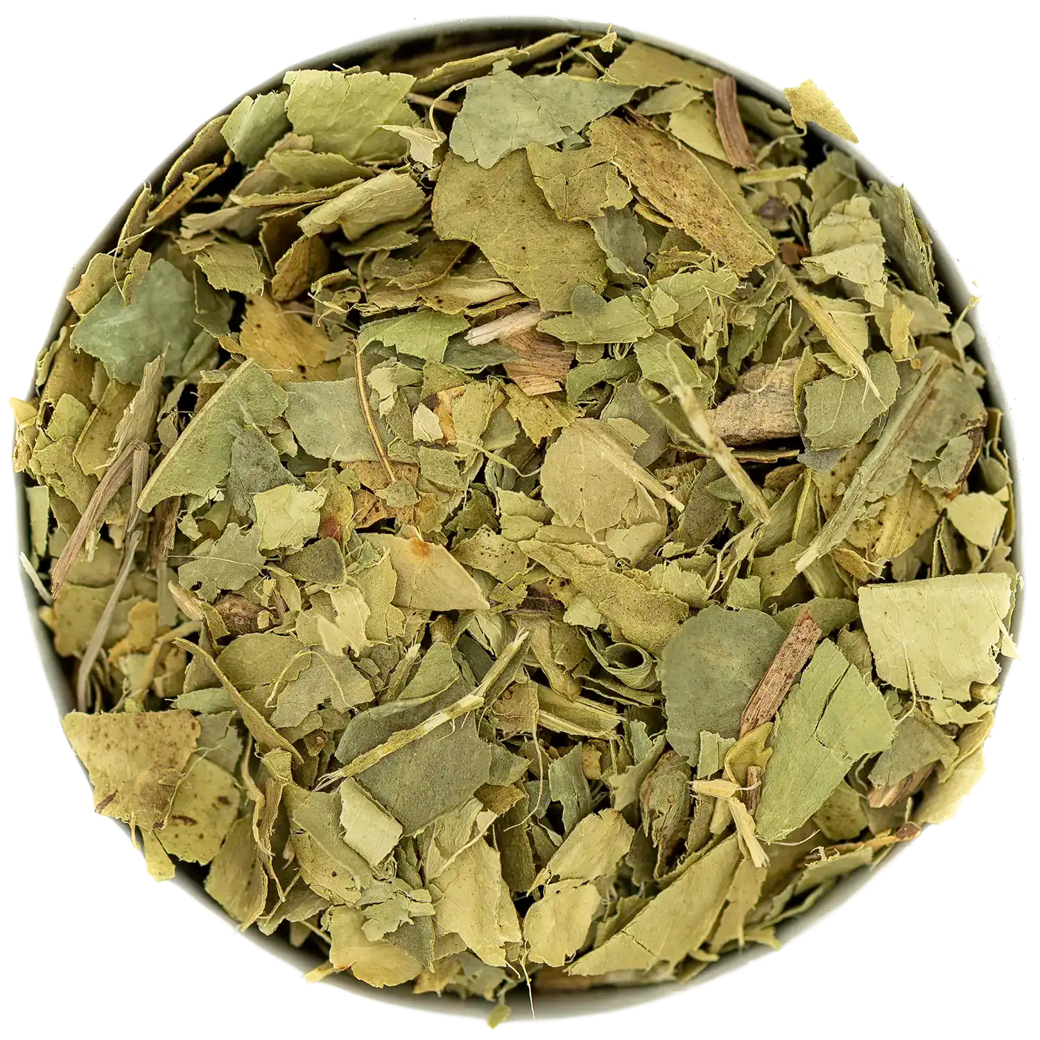 Nahaufnahme von ganzen, getrockneten Bitterorangenblättern. Die grünen Blätter sind als hochwertige Arzneibuchqualität für einen beruhigenden Aufguss geeignet. Reines Naturprodukt aus der Kräuterdrogerie.