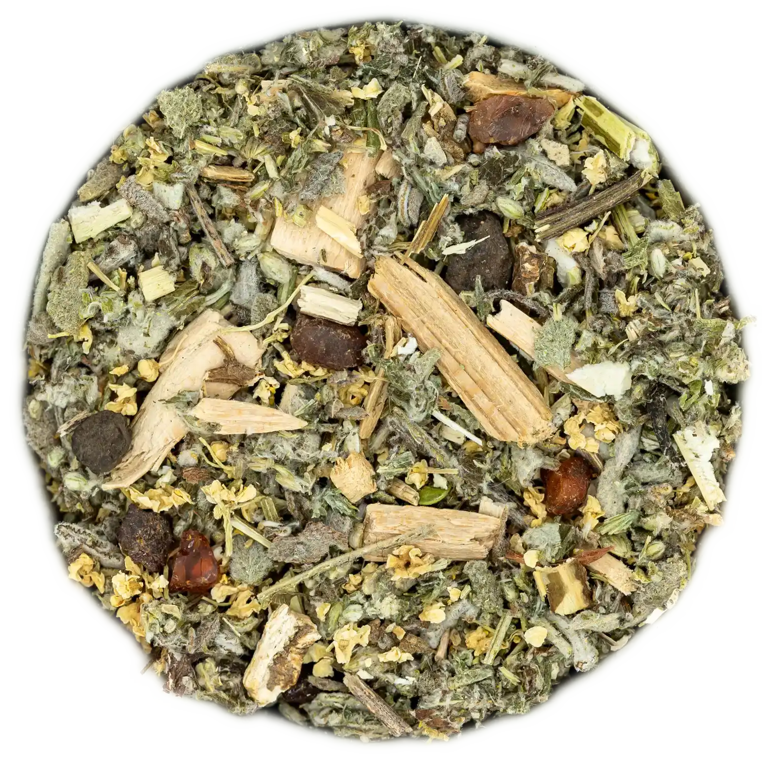 Vitalisierende Räuchermischung 'Gute Energie' aus hellen Holzstücken, Kräutern und dunklen Beeren. Raumreinigung und positive Schwingungen.