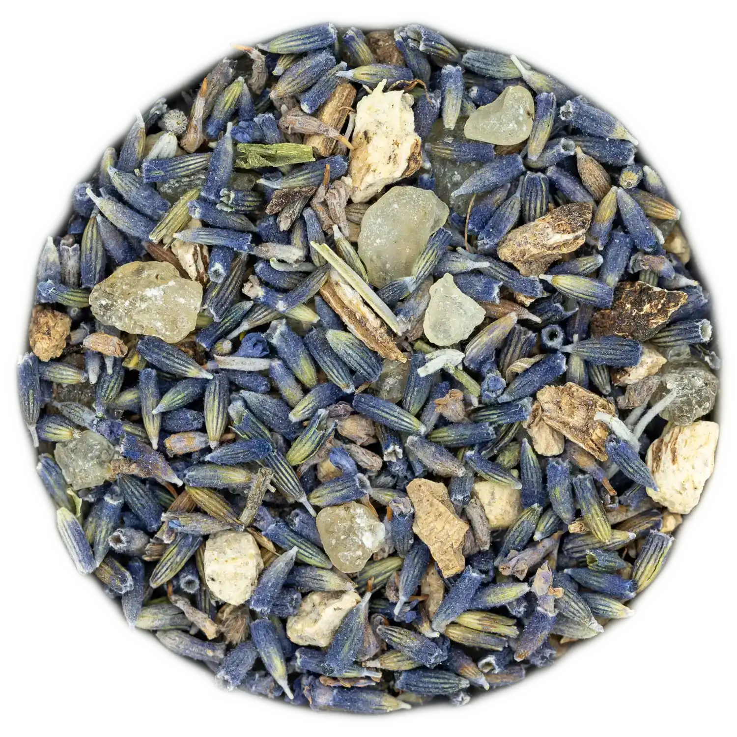 Premium Räuchermischung 'Innere Ruhe' mit Lavendelblüten, Harzen (vermutlich Weihrauch) und Wurzeln. Entspannung und Meditation mit der Kräuterdrogerie.
