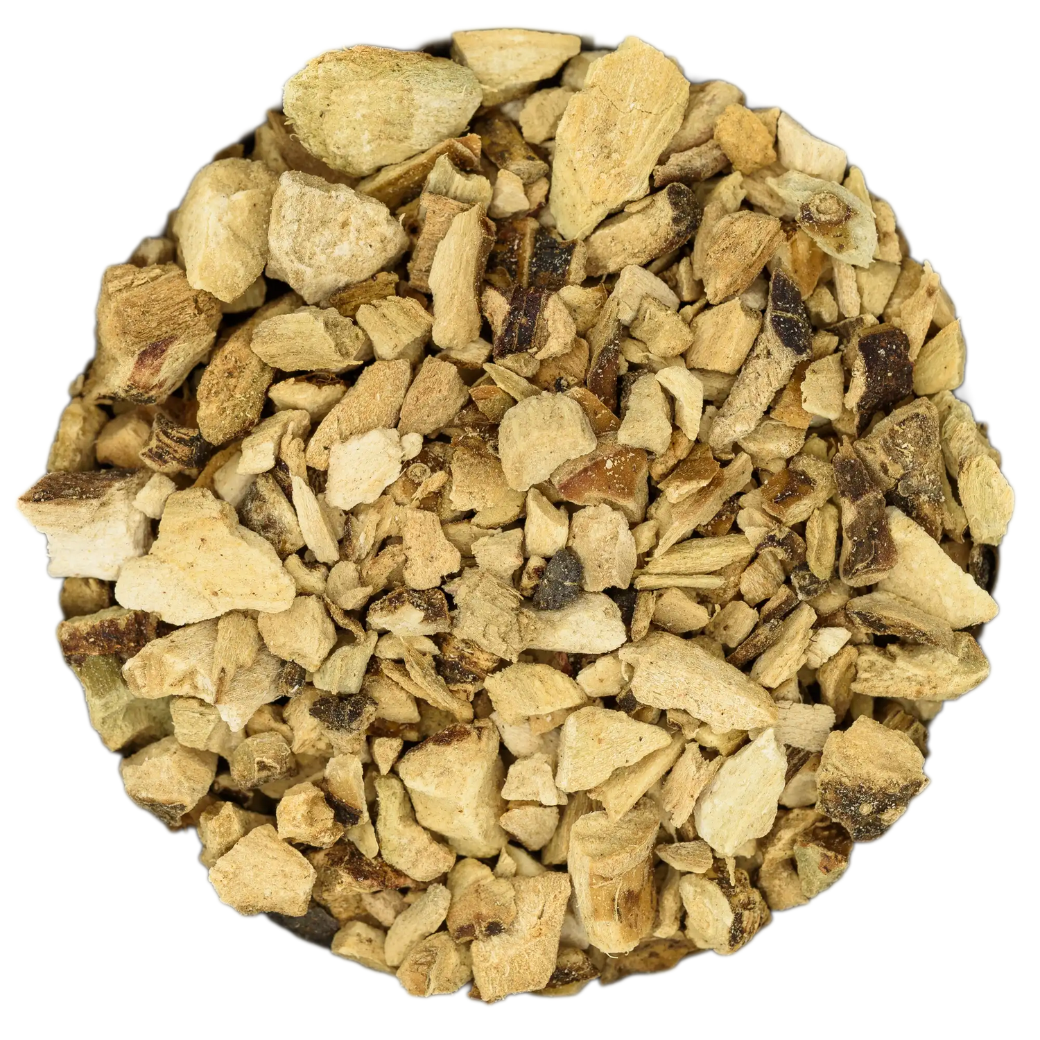 Nahaufnahme von klärend-anregendem Kalmuswurzel Räucherwerk (beige-gelbe, grob geschnittene Wurzelstücke). Die Kräuterdrogerie, Wien.