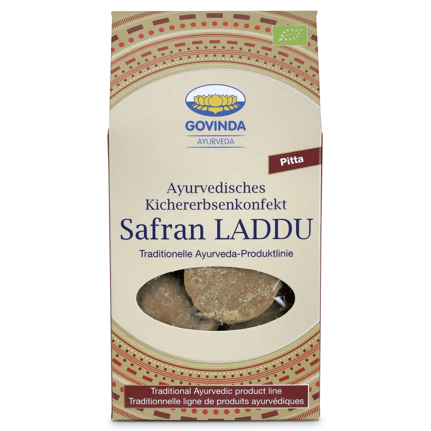 Govinda Ayurveda Safran Laddu (Pitta): Ayurvedisches Bio Kichererbsenkonfekt. Traditionelle Ayurveda-Lebensmittel. Erhältlich in der Kräuterdrogerie, 1080 Wien.