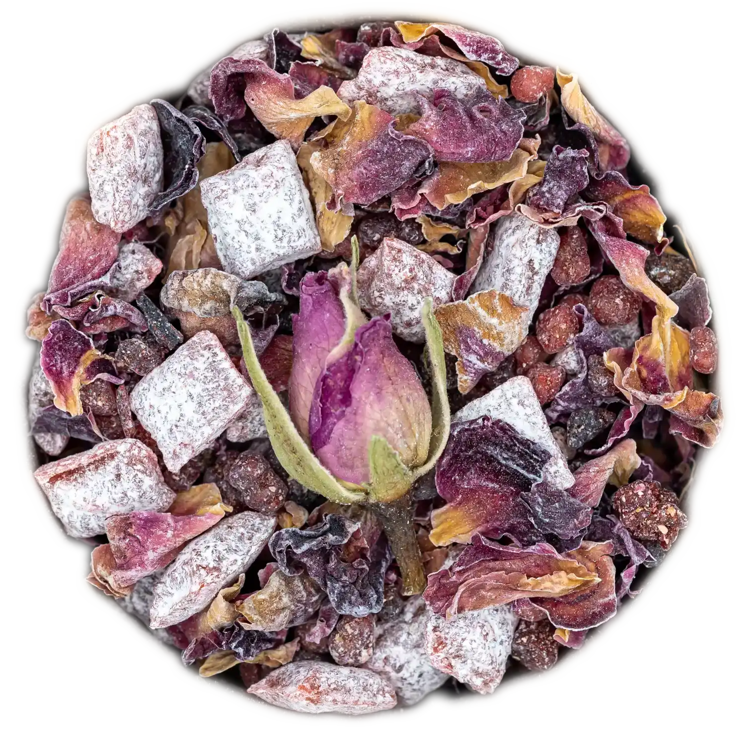 Hochwertige Räuchermischung 'Liebe und Harmonie' mit getrockneter Rosenknospe, Blütenblättern und Harzen. Aromatische Kräutermischung der Kräuterdrogerie Wien.