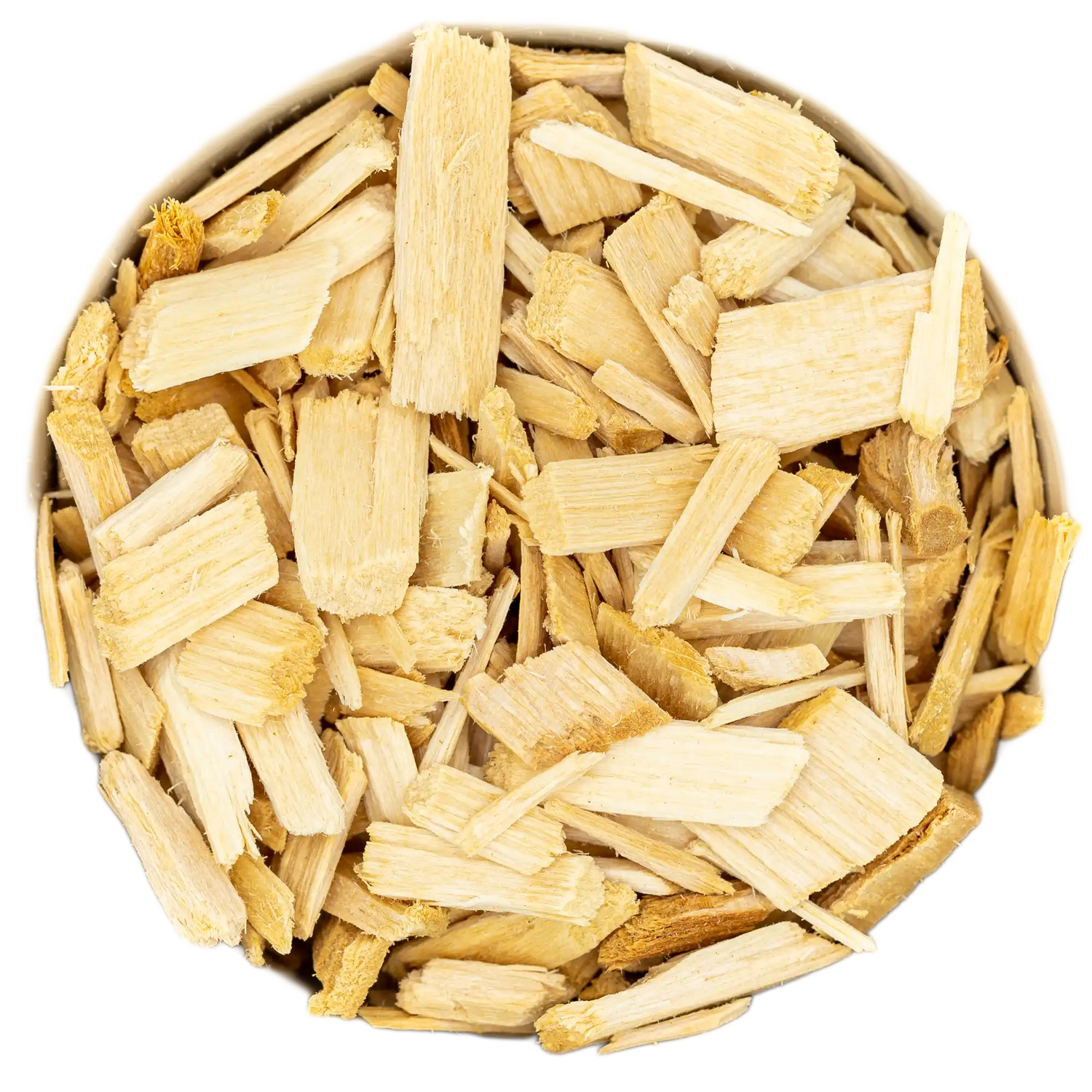 Studio-Nahaufnahme von harmonisierendem Lindenholz Räucherwerk (helle, grob geschnittene, beige-weiße Holzspäne). Die Kräuterdrogerie, Wien.