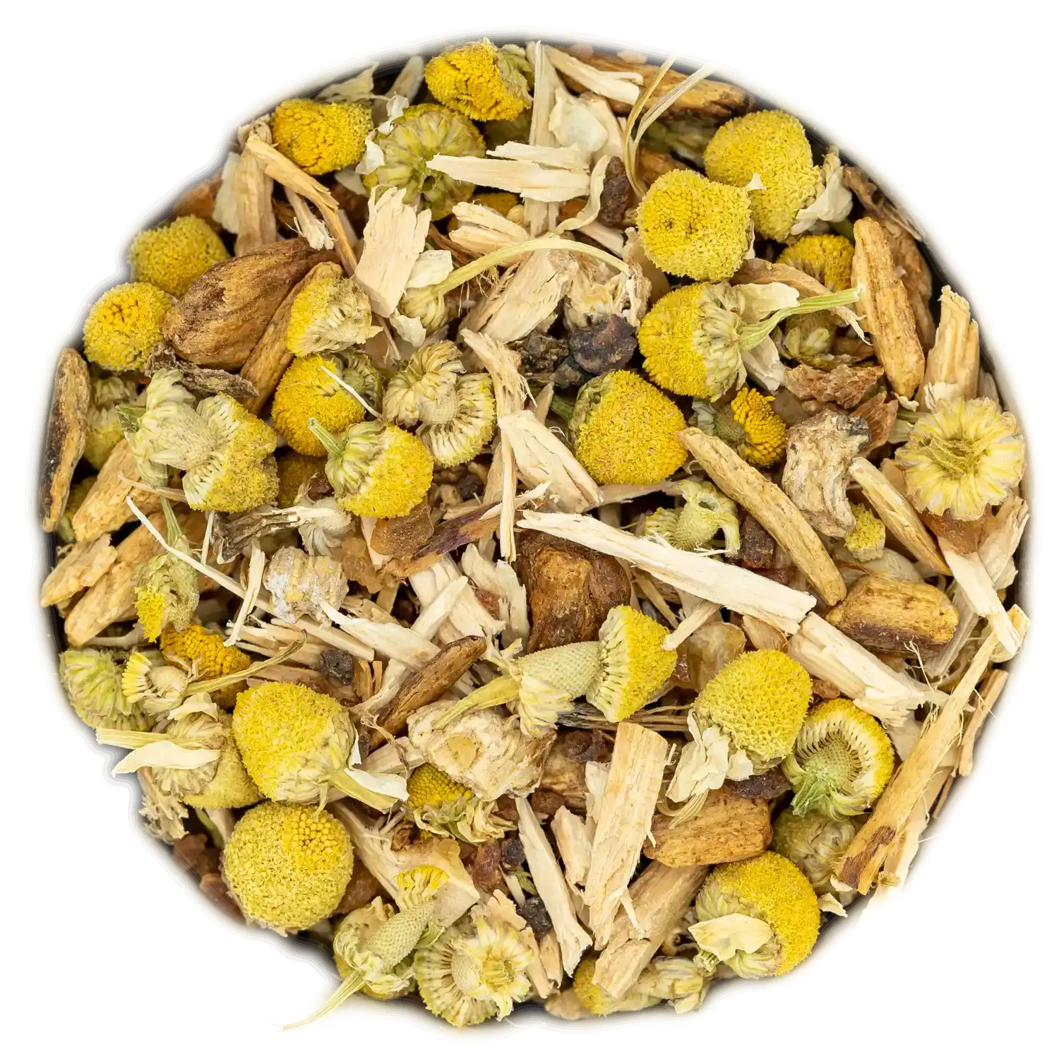 Beruhigende Räuchermischung 'Meditation' mit Kamillenblüten und geschnittenem Wurzelholz. Für tiefe Entspannung und Konzentration.