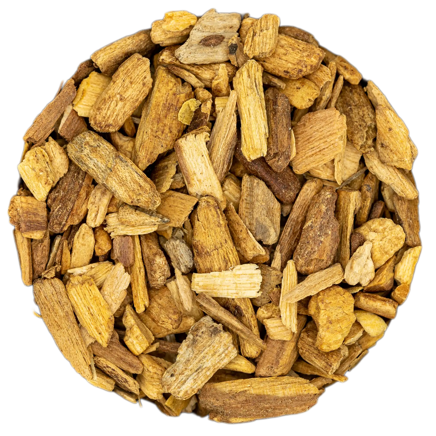 Nahaufnahme von reinigendem Palo Santo geschnitten Räucherwerk (unregelmäßige, beige-braune Holzspäne). Die Kräuterdrogerie, Wien.