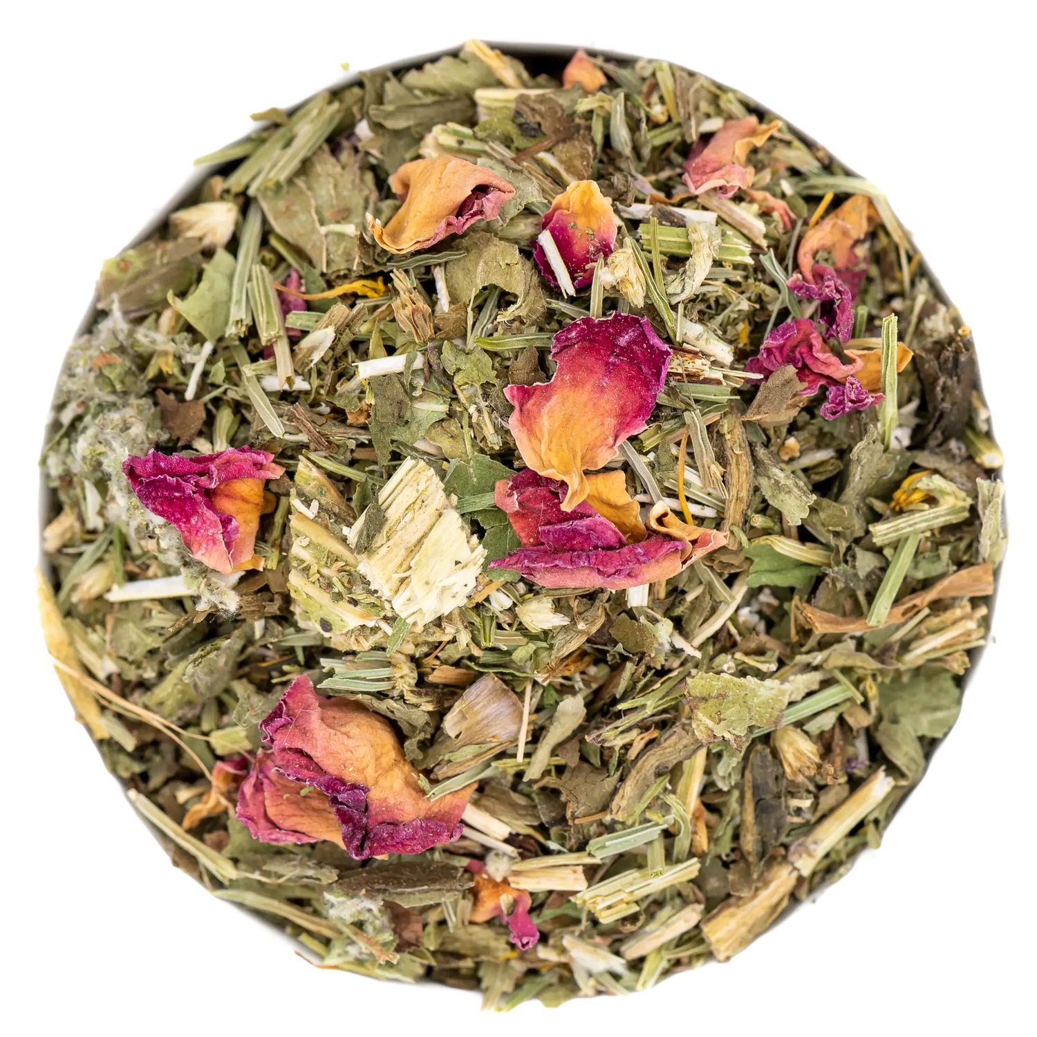 Nahaufnahme der Ayurvedischen Teemischung 'Pitta' in Arzneibuch-Qualität. Die lose Mischung enthält: Zinnkraut, Artischocke, Löwenzahn, Pfefferminze, Schafgarbe und getrocknete Rosenblüten. Reines Naturprodukt aus der Kräuterdrogerie.