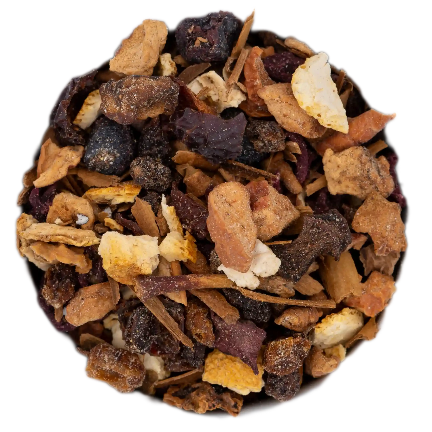 Nahaufnahme der belebend-vitalisierenden Rote Rüben Energie Teemischung (Rote Rübe, Beeren, Zimt und Fruchtstücke). Die Kräuterdrogerie, Wien.