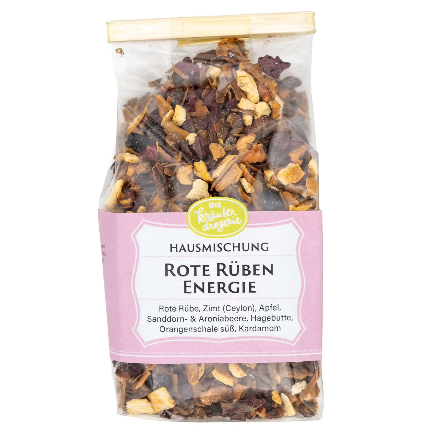 Produktfoto der transparenten Cellophanverpackung für die Rote Rüben Energie Hausmischung (vitalisierende Früchtetee-Mischung). Die Kräuterdrogerie, Wien.