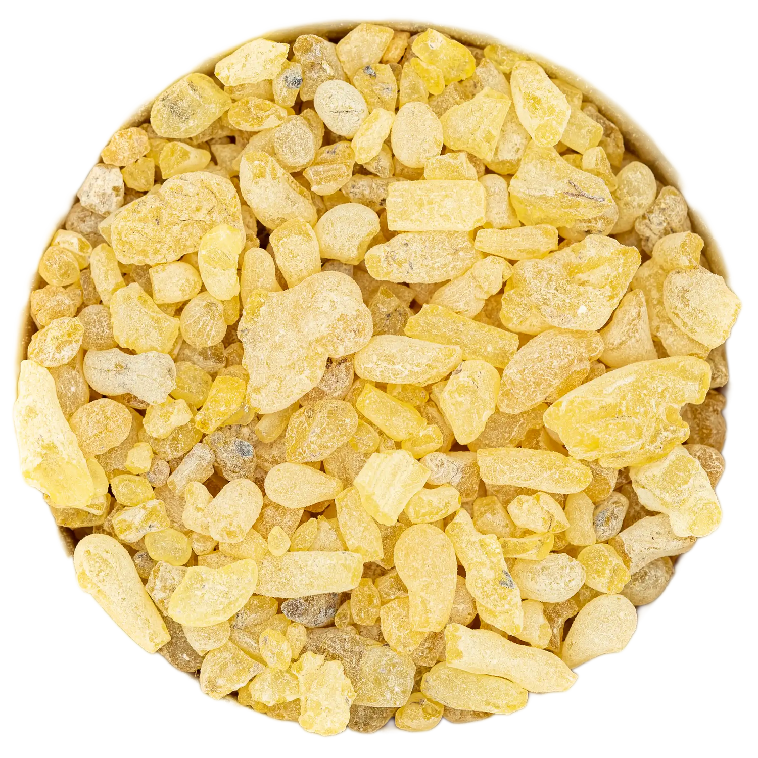 Nahaufnahme von klärend-inspirierendem Sandarak Räucherwerk (glasklare, goldgelbe Harztränen). Die Kräuterdrogerie, Wien.