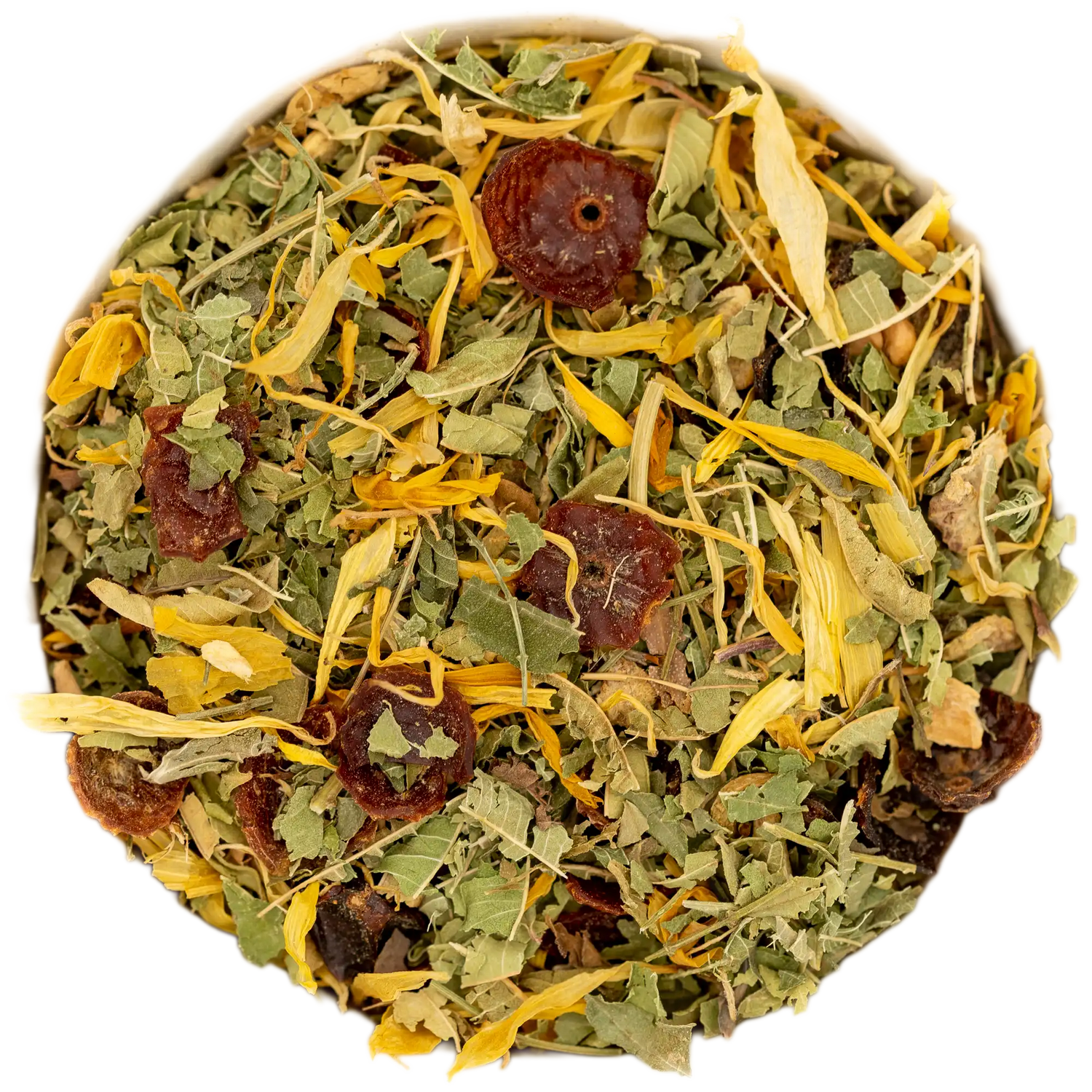 Nahaufnahme der stimmungsaufhellenden Sonnentee Teemischung (grüne Blätter, Hagebutte und gelbe Ringelblume). Die Kräuterdrogerie, Wien.