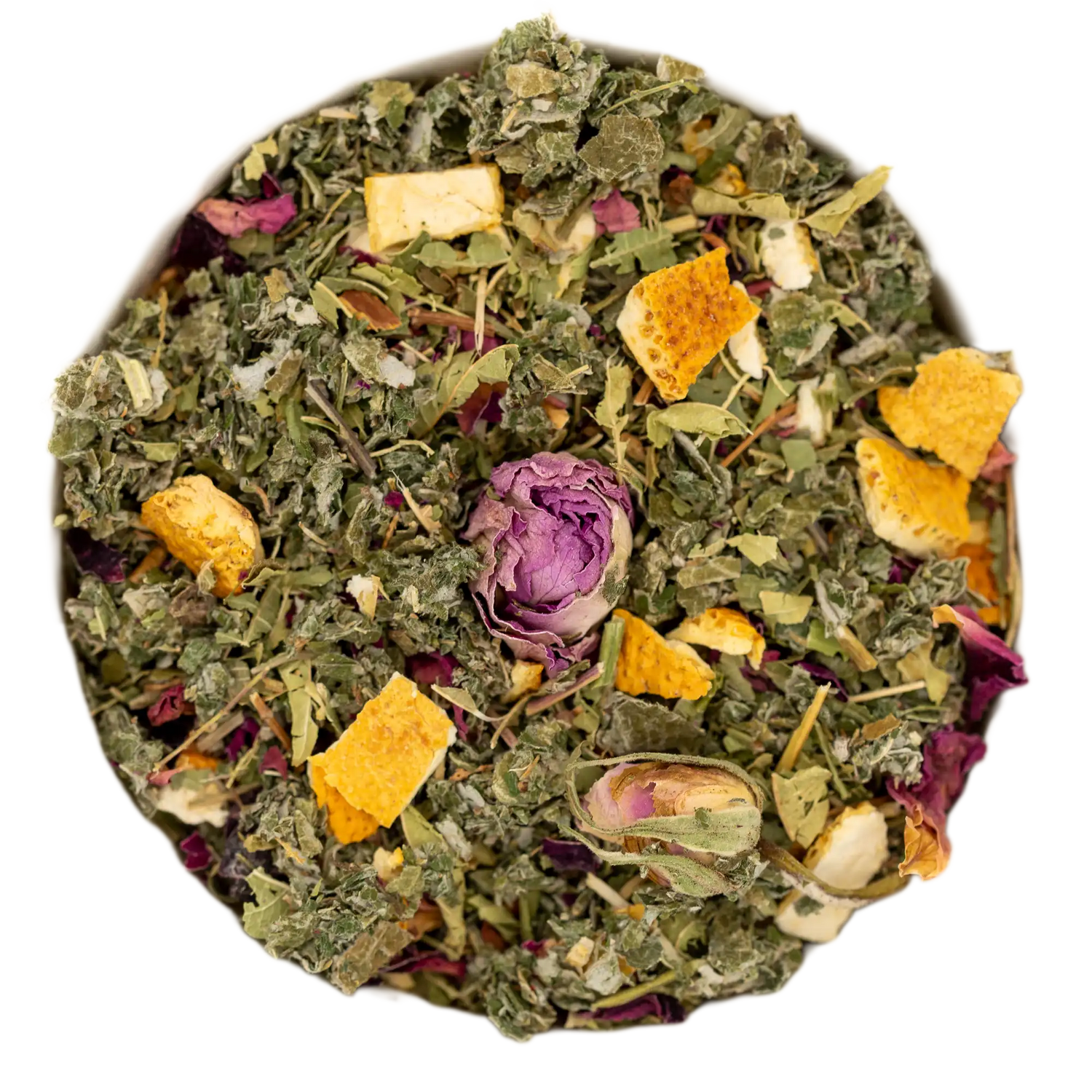 Nahaufnahme der harmonisch-herzöffnenden Venustee Teemischung (grüne Blätter, Orangenschalen und Rosenblüten). Die Kräuterdrogerie, Wien.