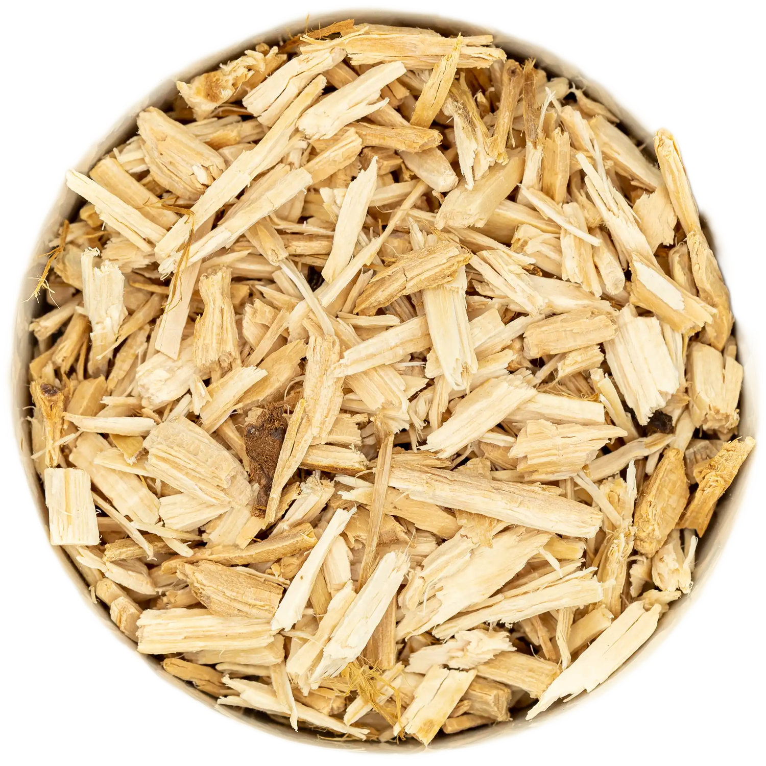 Nahaufnahme von reinigendem Wacholderholz Räucherwerk (helle, splittrige Holzspäne). Die Kräuterdrogerie, Wien.