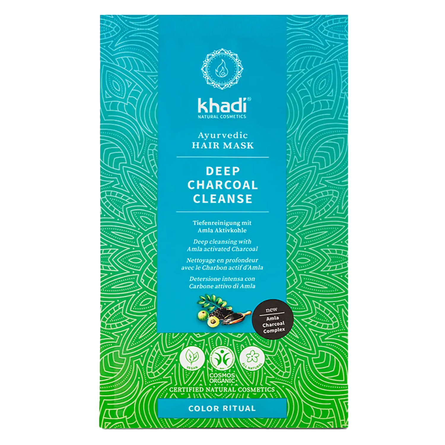 khadi Ayurvedic Hair Mask Deep Charcoal Cleanse. Tiefenreinigende Haarmaske mit Aktivkohle und Amla Complex. Die Kräuterdrogerie, 1080 Wien.