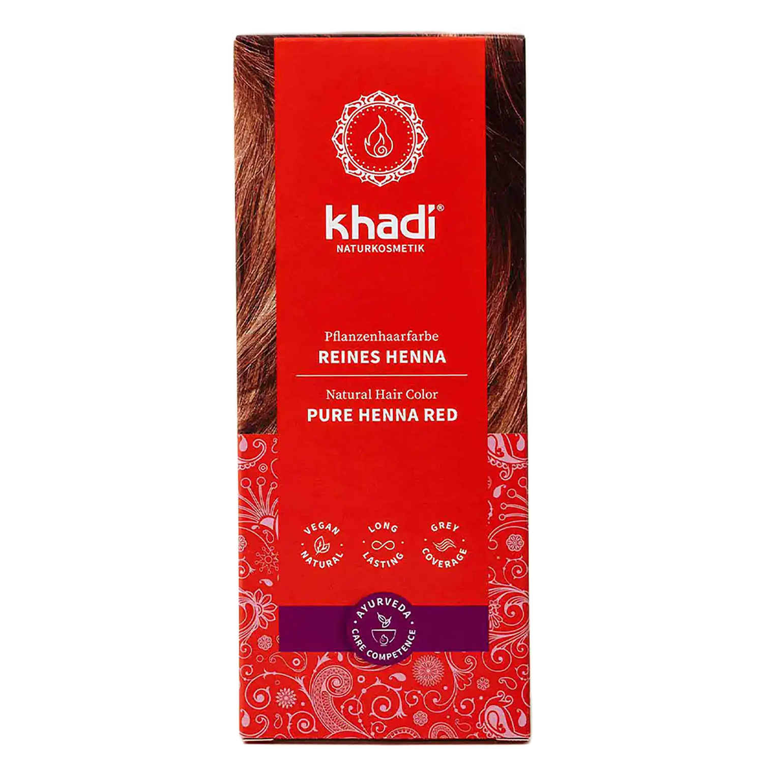 khadi Pflanzenhaarfarbe Reines Henna Rot. Vegane Naturkosmetik Haarfarbe mit langanhaltender Grauhaarabdeckung.
