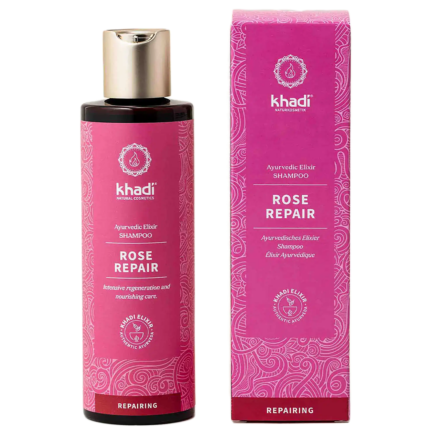 khadi Ayurvedic Elixir Shampoo Rose Repair. Naturkosmetik Shampoo für Regeneration und intensive Pflege. Erhältlich in der Kräuterdrogerie, 1080 Wien.
