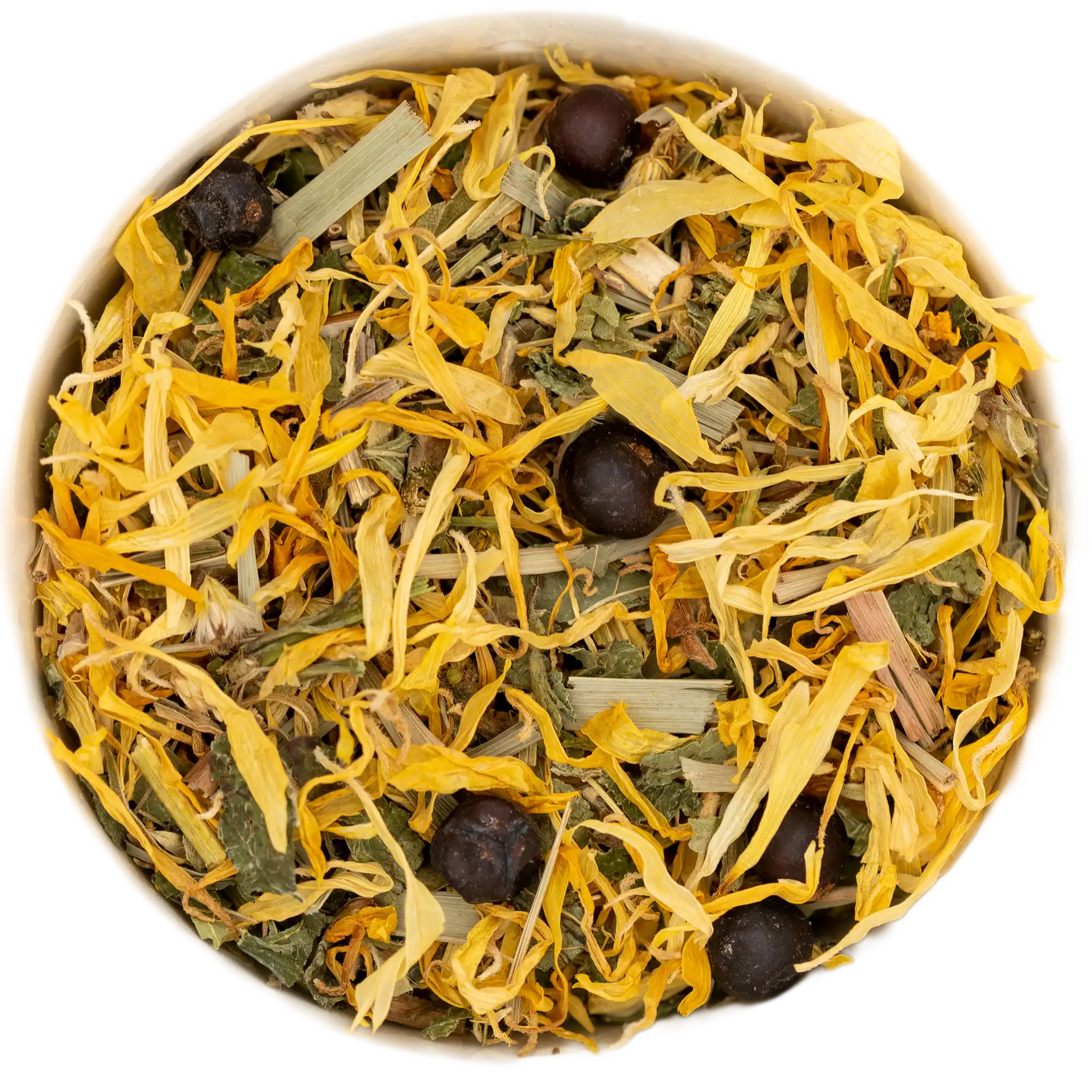 Nahaufnahme der Basentee Teemischung, ausgewogene Kräuter, mild und ausgleichend für den Säure-Basen-Haushalt – Die Kräuterdrogerie, Wien.