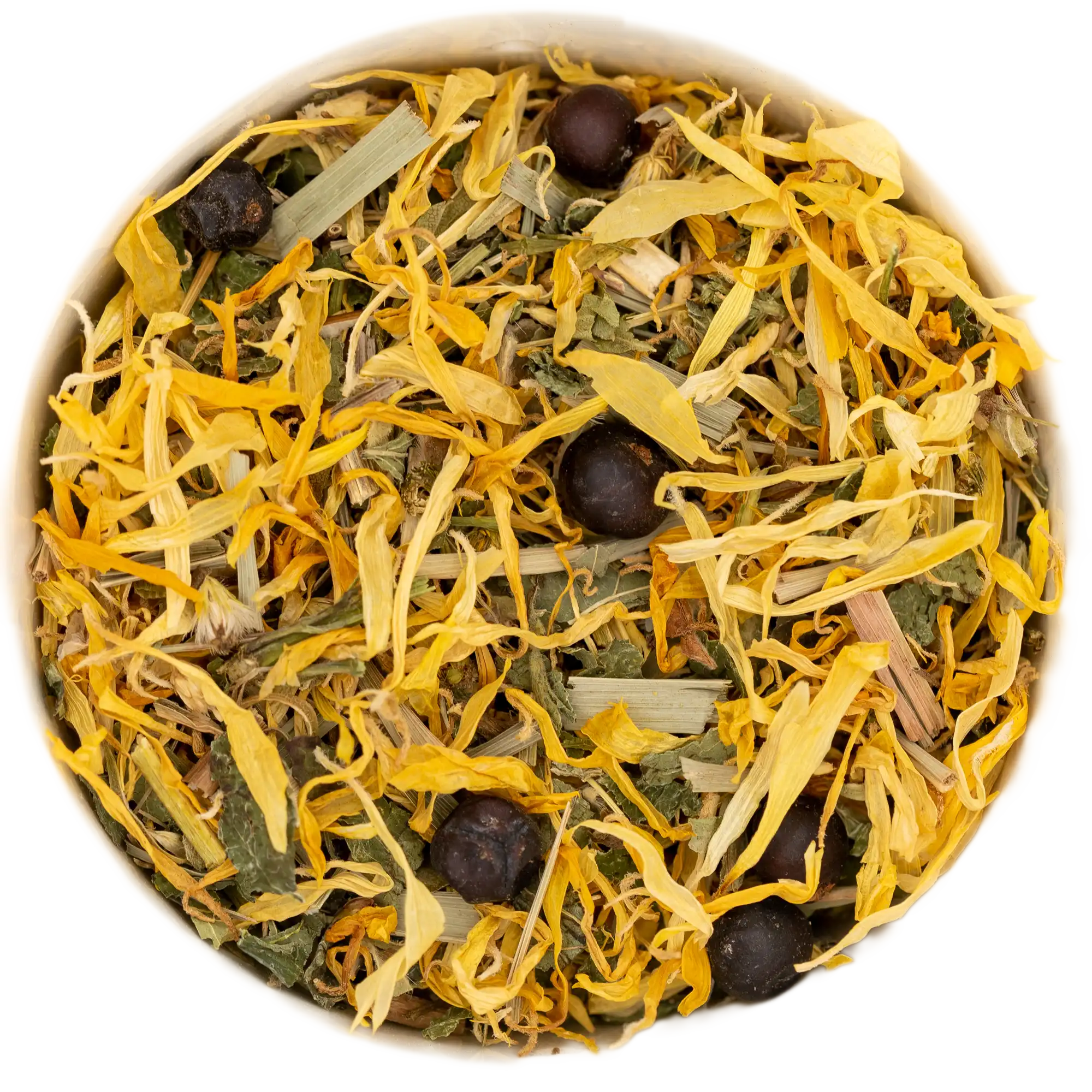 Nahaufnahme der Basentee Teemischung, ausgewogene Kräuter, mild und ausgleichend für den Säure-Basen-Haushalt – Die Kräuterdrogerie, Wien.