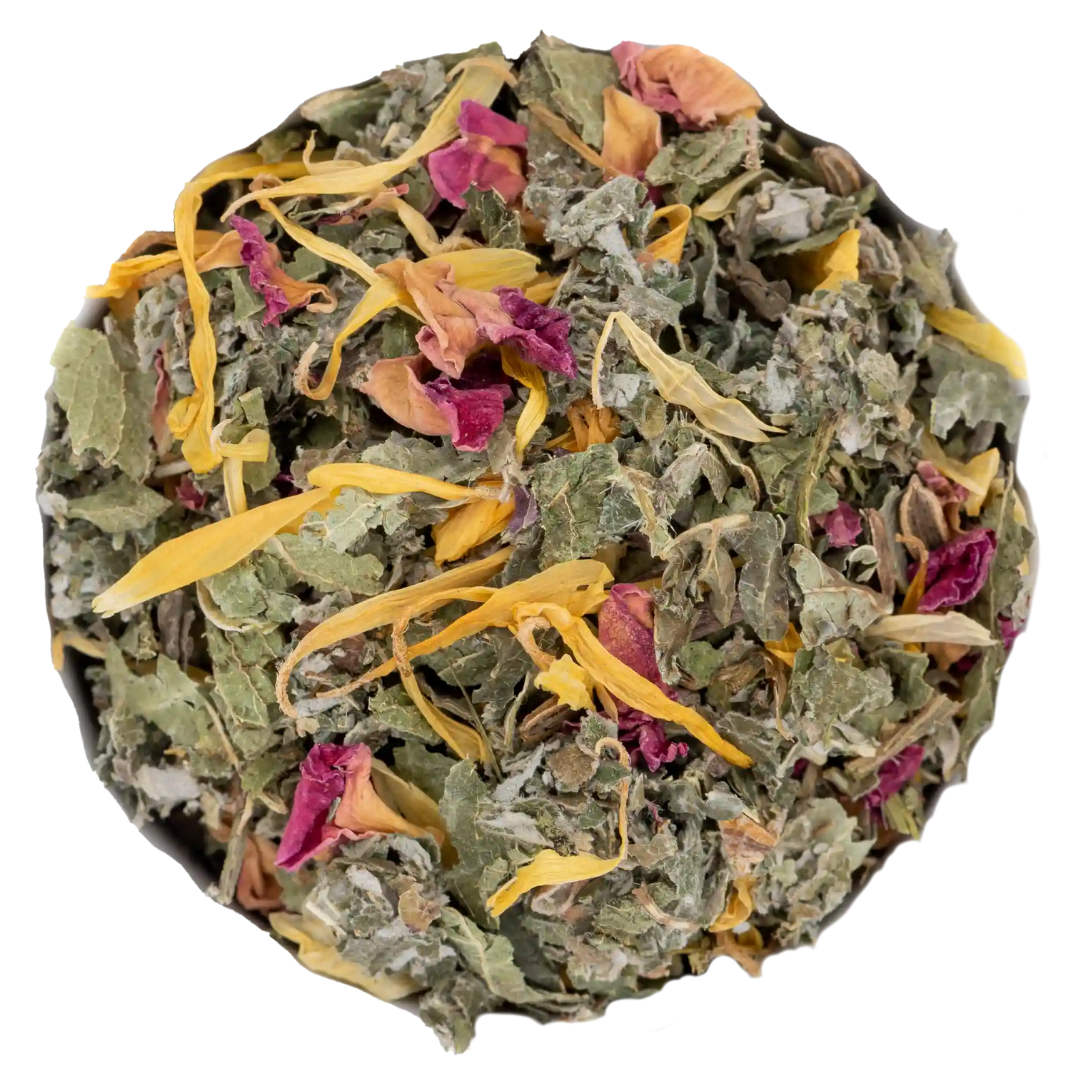 Nahaufnahme der nährend-entspannenden Für werdende Mamis Teemischung (grüne Blätter, Ringelblumenblüten und Rosenblüten). Die Kräuterdrogerie, Wien.