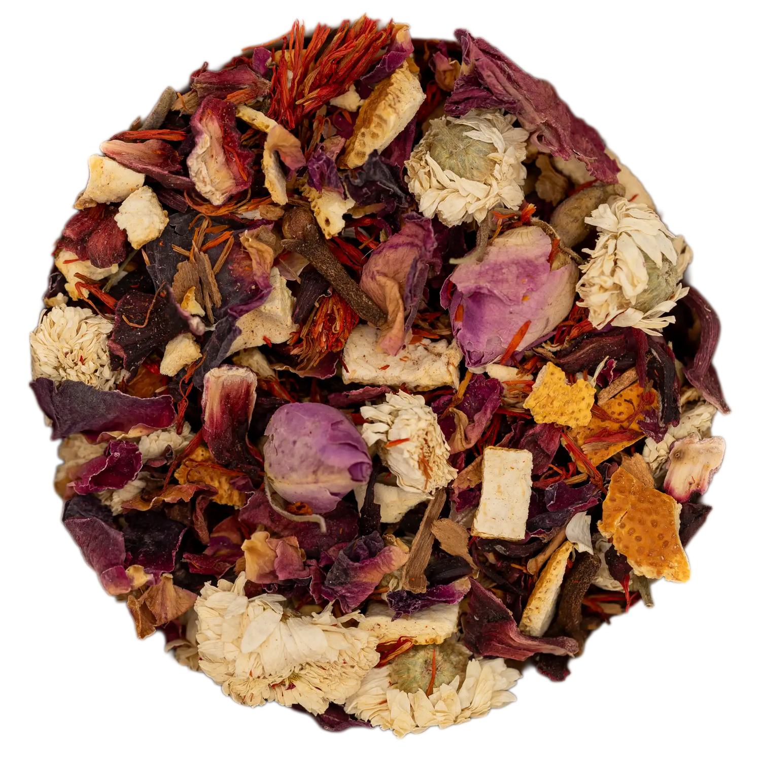 Studio-Nahaufnahme der harmonisch-duftenden Schön & Gut Teemischung (Hibiskus, Rosenknospen, Kamille und Orangenschalen). Die Kräuterdrogerie, Wien.